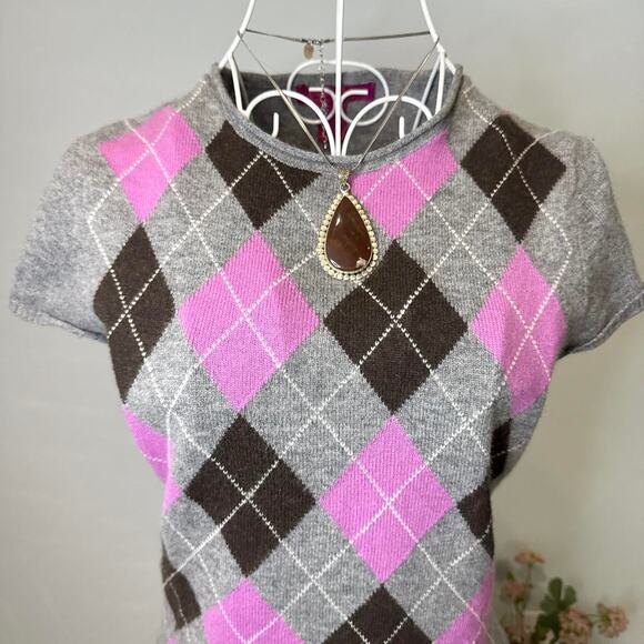 gorgeous vintage y2k caché cashmere grey argyle short sleeved sweater top - Picture 3 of 6